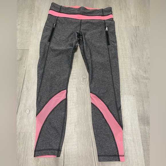 lululemon athletica Pants - Lululemon Inspire Tight Leggings Gray Pink Zip Front Pockets Mesh Running Size 6
